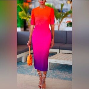 STYLEWE Orange and Pink Mock Neck Sheath Midi Dress